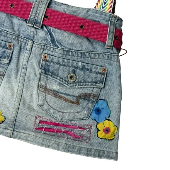 Handmade Upcycled Denim Floral Patch Mini Skirt Rainbow Strap Shoulder Bag - Picture 10 of 13